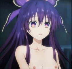 ass_length_hair collarbone date_a_live delicate_features eyebrows_visible_through_hair female female_only hair_between_eyes medium_breasts nipples nude nude_edit nude_filter purple_hair shocked_face thin_arms thin_female tits yatogami_tohka