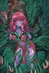 1girl alternate_costume armor black_sclera bodystocking bound breasts celica_(fire_emblem) cleavage clenched_teeth clothing_cutout colored_sclera colored_skin commentary_request corruption covered_navel deep_skin dragon fire_emblem fire_emblem_echoes:_shadows_of_valentia grabbing_another's_breast green_scales groping hairband highres horns imminent_rape long_hair medium_breasts monster navel navel_cutout parted_lips pauldrons pocari66 pubic_tattoo purple_skin purple_thighhighs rape red_hair restrained sharp_teeth shoulder_armor slime_(substance) stomach_tattoo tattoo teeth tentacles thick_thighs thighhighs thighs tongue