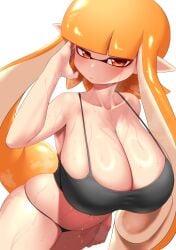 big_breasts black_bra inkling inkling_girl kaori_(splatoon) long_hair nobunagapero orange_eyes orange_hair peronattu plump_thighs splatoon sweat sweating tentacle_hair