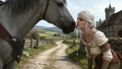 after_bestiality after_blowjob after_fellatio after_oral blowjob blowjob_face ciri cum cum_in_mouth drooling drooling_cum equid equine eye_contact horse horse_penis implied_bestiality implied_fellatio implied_oral outdoors outside public secret_sex secretly_loves_it spitting spitting_cum the_witcher_(series) the_witcher_3:_wild_hunt
