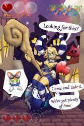2:3 absurd_res anthro ballisticmelissa blinx_the_time_sweeper breasts clock crystal_heart detailed_background domestic_cat duo dust_herder english_text felid feline felis female gameplay_mechanics genitals grinding_on_weapon hi_res horn male mammal microsoft nipples pinup pocketwatch pose speech_bubble sphere text time_monster vulva watch xbox_game_studios