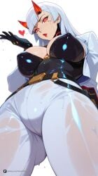1girl ai_generated artist_name bangs belt black_gloves blizzard_entertainment blunt_bangs breasts cleavage covered_nipples earrings from_below gloves heart horns jacket jewelry large_breasts long_hair looking_at_viewer looking_down mole mole_under_eye overwatch overwatch_2 overwatch_archives overwatch_league pants patreon questionable red_eyes red_lips sensitive shion simple_background solo wet white_background