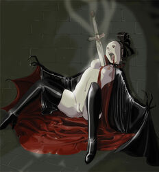 1girls areola beige_skin black_hair bleeding blood blood_stain breasts cape color dead death dying empty_eyes fangs female female_death female_only gore guro hair high_heels impalement injury monster_girl nipples open_eyes open_mouth pain petite puncture pussy red_blood red_eyes screaming sitting solo stabbed stake sword tear vampire weapon wound yozora