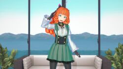 1girls arrancon clothed_female couch green_eyes long_hair long_hair_female orange_hair orange_hair_female penny_polendina profile robot_girl rwby solo_female