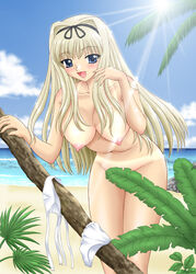 1girls beach big_breasts blonde_hair blue_eyes blush breasts covering female kusugawa_sasara large_breasts long_hair nipples nude nude_cover pointy_chin smile solo swimsuit tanline to_heart_(series) to_heart_2