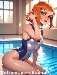 ai_generated ben_10 big_ass big_butt big_thighs blush ezuna female female_only green_eyes gwen_tennyson huge_ass huge_butt huge_thighs medium_breasts orange_hair school_swimsuit small_breasts swimsuit wanuze wide_hips