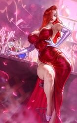 1girl 1girls 2d 2d_(artwork) aleriia_v alone artist_name artist_signature bar_stool bare_legs big_breasts boobs_bigger_than_head detached_sleeves disney dress drink drinks earrings ginger ginger_female ginger_hair hand_on_hip jessica_rabbit long_hair long_hair_female long_legs looking_at_viewer looking_down makeup orange_hair pink_background red_dress seductive seductive_look seductive_pose sitting solo solo_female solo_focus thick_ass thick_thighs who_framed_roger_rabbit woman