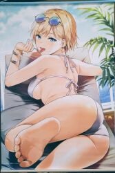 1girl ass barefoot bikini blonde_hair blue_eyes bracelet breasts butt_crack candy chair cloud cloudy_sky day earrings eyewear_on_head feet food halterneck highres jewelry licking lollipop lounge_chair lying medium_breasts ocean on_stomach outdoors palms purple_bikini ship_deck short_hair sideboob sky soles solo string_bikini sunglasses swimsuit tapestry tongue tongue_out toranoana umakuchi_shouyu