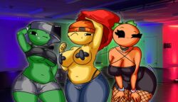 3girls armpit beanie belly belly_button bending_forward black_eyes black_panties black_topwear bracelet breasts chetoh cleavage clothed clothed_female collar dress english_text female female_focus female_only food goth_dress green_body grey_collar grey_shorts hand_on_head hand_on_hip hat heart_collar leaf leaf_hair lemon lime mandy_(chetoh) nipple_covers nipple_stickers oc orange_beanie orange_body original original_character original_characters panties panties_visible photo_background shirt shirt_removed shirt_up shorts smile smiling smiling_at_viewer stickers stickers_on_body stockings text text_on_bracelet topless topless_female wink winking_at_viewer yellow_body