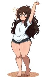 1boy ai_generated barefoot brown_eyes brown_hair femboy full_body kaito_(anon) long_hair looking_down original_character shorts standing_up stretching_arms thick_ass thick_thighs voluminous_hair white_shirt wooden_floor