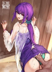 1boy 1girl absurdres against_wall artist-provided_artwork ass back bikini bikini_under_clothes breasts buttjob buttjob_over_clothes buttjob_under_clothes cum cum_in_clothes cum_through_clothes dress ejaculation ejaculation_under_clothes erection fate/grand_order fate_(series) glasses green_bikini hair_ornament hair_scrunchie hetero highres large_breasts large_penis long_hair long_sleeves looking_at_viewer looking_back non-web_source open_mouth penis penis_under_another's_clothes ponytail purple_dress purple_hair purple_nails radishkek red_eyes scathach-skadi_(fate) scathach-skadi_(swimsuit_ruler)_(second_ascension)_(fate) scathach_(fate) scrunchie see-through_clothes see-through_sleeves smile sweater sweater_dress swimsuit uncensored