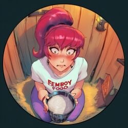 1boy ai_generated blush bowl bustybunz clothing commentary_request cum cum_drip cum_in_bowl curvy excessive_cum femboy green_eyes holding_bowl lips long_hair looking_at_viewer male_focus messy pink_hair ponytail purple_pants solo t-shirt tagme thick_cum thick_thighs trap white_shirt wide_eyes wide_hips