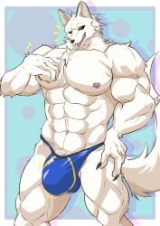 abs absurd_res anthro arm_tuft barazoku barely_contained barely_contained_penis biceps blue_clothing blue_underwear bodily_fluids bulge canid canine canis claws clothing detailed_bulge elbow_tuft fangs fingers fur genital_fluids genitals geryorias hair hi_res male mammal muscular muscular_anthro muscular_male nipples open_mouth pecs penis precum solo standing sweat tail teeth text tuft underwear vein veiny_penis white_body white_fur wolf yellow_eyes