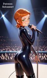 aged_up ai_generated ass ass_focus ben_10 blush bodysuit catsuit female female_only fit green_eyes gwen_tennyson gwen_tennyson_(classic) looking_at_viewer mature_female paid_reward_available patreon petite petite_body public red_hair sebassart sexy side_view singing slim_waist solo spandex sweat thin_waist tight_clothing tight_fit