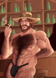 1boy chest_hair cole_cassidy cowboy cowboy_hat hairy hairy_chest male male_only overwatch smoking solo solo_focus solo_male speedo tagme tagme_(artist) thong underwear underwear_only