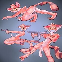 1:1 absurd_res anthro calvin_mcmurray domestic_cat feet felid feline felis fur genitals glowing glowing_eyes gun half-closed_eyes hi_res lackadaisy male mammal narrowed_eyes orange_body orange_fur pawpads penis ranged_weapon solo toes unsuscaterpillar weapon