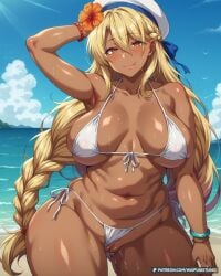 1girl ai_generated armpits ass_visible_through_thighs bangs beach bead_bracelet belly beret bikini bikini_bottom_aside blonde_hair blue_sky blush bracelet braid breasts breasts_apart clothing clothing_aside cloud collarbone curvy dark-skinned_female dark_skin day female flower gyaru hair_between_eyes hair_flower hair_ornament hat hibiscus jewelry large_breasts licking_lips long_hair looking_at_viewer micro_bikini mole mole_under_eye navel nipples ocean orange_eyes outdoors plump pussy red_eyes side-tie_bikini_bottom sky smile solo stomach sweat swimsuit thick_thighs thighs tongue tongue_out very_long_hair waifuai_studio wedgie wet white_bikini white_headwear white_swimsuit