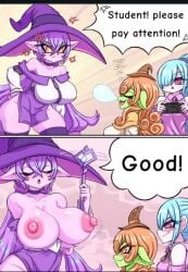 anger_symbol angry_face artist_request blue_hair blushing breasts_bigger_than_head comic exposed_breasts funny green_skin hands_on_hips hat joke large_ass large_breasts long_hair perky_nipples pointy_ears purple_hair purple_skin short_hair sleeping snot_bubble speech_bubble stockings student teacher text thick_thighs wand wide_hips witch_hat zzz