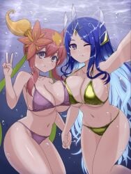 2girls asymmetrical_docking bikini blush breast_to_breast duel_masters gold_bikini holding_breath huge_breasts looking_at_viewer multiple_girls purple_bikini rafululu_love,_acoustic_dragon_elemental thighs underwater v