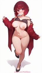 1girl 2026 ai_generated arima_kana artist_name blush boobs bra breasts bust chest exposed_nipples female_pubic_hair hi_res high_quality highres navel nipples nipples_outside oshi_no_ko patreon patreon_username pinkname red_jacket short_hair solo tits underwear watermark