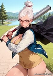 1girl 2026 ai_generated anime ayase_seiko baseball_bat boobs breasts brown_eyes cleavage crossover dandadan day earrings eye_contact female female_focus glasses hair_bun highres holding hood hoop_earrings huge_breasts jacket jewelry large_breasts letterman_jacket lips looking_at_viewer nsfw open_clothes open_jacket outdoors patreon rimless_eyewear rognezart single_hair_bun solo thick_thighs thighs tree white_hair