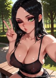 1girl 2026 ai_generated alice_(madness_returns) alice_in_wonderland alice_liddell alice_madness_returns anime bare_shoulders bench black_hair black_shorts blush boobs breasts camisole cleavage collarbone covered_nipples crossover day exposed_nipples eye_contact female female_focus fingernails flushed green_eyes highres huge_breasts large_breasts lips long_hair looking_at_viewer makeup mascara midriff navel nipples nsfw one_eye_closed outdoors parted_bangs patreon puckered_lips rognezart see-through selfie short_shorts shorts sitting solo sweat sweaty tree v very_long_hair