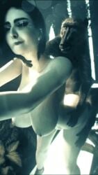 1girl animated animated_gif bestiality black_hair breasts from_behind large_breasts monkey nipples non-web_source short_hair srvnmachinima zoophilia
