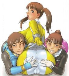 3girls anus ass ass_focus ass_grab backboob big_ass breasts brown_eyes brown_hair cameltoe dekapink embarrassed erect_nipples gogo_sentai_boukenger grabbing grabbing_ass huge_ass hurricane_blue kakugari_kyoudai multiple_girls nanami_nono niku_ringo nikuringo ninpuu_sentai_hurricanger plump shocked spandex spread_anus spread_ass stretching super_sentai tokusou_sentai_dekaranger umeko(dekaranger) yuri