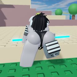 1girls 2022 3d ass ass_focus back_view bent_over big_ass black_hair black_panties black_stripes bo_staff clothing combat_warriors crossroads_(roblox) female female_only fingerless_gloves fishnet_armwear fishnet_clothing fishnets gloves grey-skinned_female grey_skin long_gloves long_hair no_pants one_thighhigh outdoors panties partially_clothed partially_clothed_female pixeiiize roblox roblox_avatar roblox_game robloxian solo staff striped_gloves striped_legwear stripes thighhigh thighhighs thighs topless weapon white_stripes