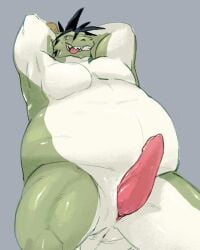 animal_genitalia anthro anus belly big_belly black_hair dragon eastern_dragon erection genital_slit genitals green_body green_scales hair hangry_harapeko horn male morenatsu musclegut muscular muscular_male mythological_creature mythological_scalie mythology pecs penis raised_arms scales scalie solo standing tapering_penis tatsuki_midoriya thick_thighs tongue tongue_out white_body white_scales