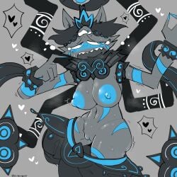 1girls 2026 2d 2d_(artwork) big_breasts blue_nipples blush boobs breasts color colored digital_media_(artwork) female female_only fur grey_background grey_body grey_fur heart hi_res iz_the_dancer_of_grief lil_cherrypop looking_away nervous nipples nyanko_daisensou partially_clothed pussy simple_background solo sweat sweatdrop the_battle_cats thick_thighs thighs three_eyes tits video_game_character video_games