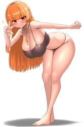 big_breasts black_bra black_panties long_hair looking_at_viewer nobunagapero orange_eyes orange_hair peace_sign peronattu plump_thighs sparkle tongue