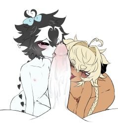 3boys aquilavita_(artist) big_penis black_hair blonde_hair brown_eyes chocolate_and_vanilla cum dark-skinned_femboy dark-skinned_male dark-skinned_sub dark_skin double_fellatio fellatio femboy femboysub gay huge_cock liar_(sh4rkle) light-skinned_male light_skin male male_only pawn penis_size_difference pov precum short_hair small_penis tagme tongue tongue_on_penis two-tone_hair white_is_bigger yaoi