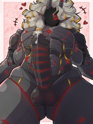 3:4 balls black_body bodily_fluids dripping erection eyeless genital_fluids genitals glans heart_symbol hi_res humanoid_genitalia humanoid_penis looking_at_viewer looking_down low-angle_view machine not_furry pattern_background penis precum precum_drip robot screen screen_face simple_background standing teeth wire_hair zephyfallmask