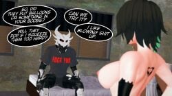 1boy 2girls arrancon black_hair black_hair_female breasts cinder_fall clothed_male dialogue emerald_sustrai green_hair green_hair_female grimm_(rwby) half-dressed half_naked half_naked_female monster monster_boy rwby tattoo_on_back