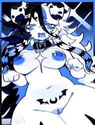 2026 absurd_res areola blue_insides blue_theme blue_tongue bone_hair_accessory breasts canid canine canis cherusdoodles collar domestic_dog furry genitals hi_res looking_at_viewer mammal navel nipple_piercing nipples nude nude_anthro nude_female paw_pose piercing pose pubic_tattoo raccoon_tail tattoo tongue vulva
