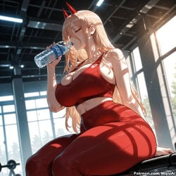 1girl ai_assisted ai_generated bangs bare_shoulders blonde_hair bottle breasts chainsaw_man cleavage closed_eyes crossed_legs curvaceous curvy curvy_female curvy_figure female hair_between_eyes half-closed_eyes large_breasts long_hair midriff miyuai pants power_(chainsaw_man) sitting solo sports_bra sweat thick thick_ass thick_butt thick_hips thick_legs thick_thighs voluptuous voluptuous_female watermark wide_hips wide_thighs window