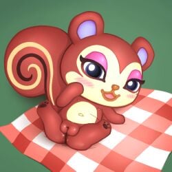 1:1 animal_crossing belly belly_markings blue_eyes bodily_fluids female genital_fluids genitals innie_vulva mammal markings nintendo outside pecan_(animal_crossing) picnic_blanket presenting presenting_vulva rodent sciurid simski solo squirrel_tail tail_swirl tree_squirrel vaginal_fluids vulva