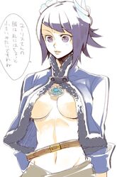 belt black_eyes black_hair bone_(pixiv91634) breasts cleavage female flower hair_ornament manamia midriff open_coat short_hair solo text the_last_story translation_request underboob