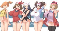 5girls arms_behind_back arms_behind_head asymmetrical_hair bandana bare_shoulders beanie black_hair black_thighhighs blonde_hair blue_eyes blue_hair blush bottomless bow breasts brown_hair dawn_(pokemon) donut_hair_bun double_bun dress female_pubic_hair gloves green_eyes hair_bun hair_ornament hat highres huge_breasts impossible_clothes kasumi_(pokemon) landscape large_breasts lineup long_hair looking_at_viewer may_(pokemon) medium_breasts medium_hair misty_(pokemon) multiple_girls navel nintendo one_eye_closed open_mouth orange_hair poke_ball_print poke_ball_theme pokemon pokemon_(anime) pokemon_(classic_anime) ponytail pubic_hair pussy raglan_sleeves red_bandana rosa_(pokemon) serena_(pokemon) shirt short_hair side_ponytail sleeveless small_breasts smile standing suspenders take_your_pick thighhighs thighs twintails vest visor_cap yellow_shirt yuni_tofu