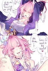 2girls arms_up bare_shoulders bdsm between_legs bite_mark bite_mark_on_thigh blue_eyes blush bondage bound commentary cyrene_(demiurge)_(honkai:_star_rail) cyrene_(honkai:_star_rail) cyrene_(philia093)_(honkai:_star_rail) dress dual_persona earrings english_commentary english_text flower hair_flower hair_ornament hand_on_another's_thigh heart highres honkai:_star_rail honkai_(series) jacket jewelry licking licking_finger licking_own_finger long_hair multiple_girls one_eye_closed open_mouth pink_hair pointy_ears purple_eyes purple_flower purple_jacket pussy ring selfcest sentii shirt simple_background speech_bubble white_background white_dress yuri