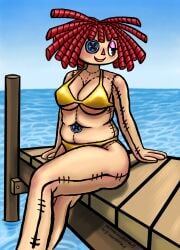 belly belly_button big_breasts bikini blush body_blush chubby chubby_female cleavage dock docks golden_bikini golden_week half-closed_eyes ko-fi nsfwulf ocean patreon patreon_url pinup ragatha_(the_amazing_digital_circus) sitting sky the_amazing_digital_circus thick_thighs underboob water
