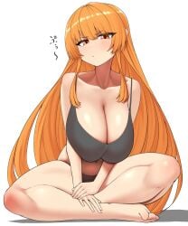 big_breasts black_bra long_hair looking_at_viewer nobunagapero orange_eyes orange_hair peronattu plump_thighs pout pouting sitting