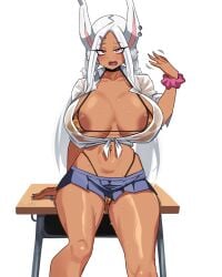 1girls breasts chair clothed clothing covered_nipples curvy dark-skinned_female dark_skin female full_body gyaru hi_res highres huge_breasts konaloid muscular_female open_mouth panties rabbit rabbit_ears red_eyes rumi_usagiyama school school_uniform schoolgirl schoolgirl_uniform sitting table teenager teeth thick_thighs thighhighs thighs upper_body white_hair