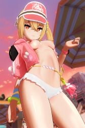 1girls 3d_(artwork) areolae bikini_bottom blonde_hair breasts female female_only hoyoverse jacket light-skinned_female light_skin luciana_de_montefio mihoyo mihoyo_technology_(shanghai)_co._ltd. nipples open_jacket reachchaos red_eyes side_ponytail small_breasts solo topless_female zenless_zone_zero