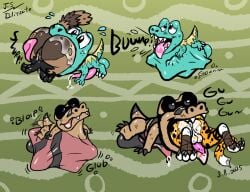 abdominal_bulge animal_genitalia animal_penis anthro anus backsack balls belly big_balls big_butt big_head blizzate bloated blue_body bodily_fluids brown_body brown_fur burping butt butt_in_mouth butt_lick crocodile crocodilian curling_toes donkey_kong_(series) dripping erection feet felid feline feline_genitalia feline_penis felis female feral fur generation_5_pokemon genital_fluids genitals group hungry klaptrap kremling licking licking_lips male mammal mouth_shot nintendo onomatopoeia open_mouth pawpads paws penis pokemon pokemon_(species) precum precum_drip procyonid raccoon reptile rona_the_raccoon saliva sandile scalie scratch_the_wildcat size_difference smaller_pred sound_effects striped_body stripes struggling struggling_pred struggling_prey swallowing text tongue tongue_out vore vulva wildcat