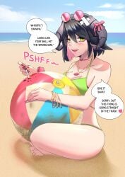 1girl akate ball_(object) bandage beach black_hair breasts cigarette cigarette_burn cleavage clouds deflating deflation demon_girl demon_horns feet green_bikini hissing horns large_breasts looking_at_viewer mean original_character pink_nails popped_ball popped_beach_ball popping sand sky smug smug_face summer sunglasses sunglasses_on_head thick_thighs thighs