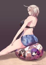 1girl ahoge akate ass ass_press back_view ball_(object) beach_ball big_ass big_butt black_bikini_top blonde_hair breasts busty compressed fate_(series) feet_out_of_frame female female_only hand_on_own_thigh inflatable jean_shorts jeanne_d'arc_(fate) large_breasts looking_at_viewer on_ball pool_toy relaxing sand side_eye side_eye_at_viewer simple_background sit_to_pop sitting sitting_on_ball sitting_on_beach_ball squish squishing summer thighs