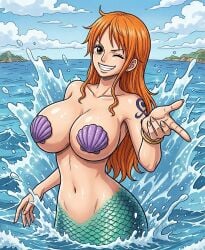 1girl ai_generated big_breasts female female_focus female_only huge_breasts long_hair looking_at_viewer mermaid mermaid_tail nami nami_(one_piece) navel one_piece orange_hair sea seashell_bikini seashell_bra seductive_look sexy solo solo_female winking_at_viewer
