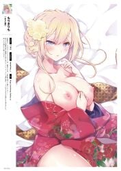 1girl absurdres areolae bare_shoulders bed_sheet blonde_hair blue_eyes blush breasts collarbone fingernails floral_print hair_ornament hand_on_own_chest highres japanese_clothes kimono large_breasts long_hair looking_at_viewer lying melonbooks mori_marimo nipples off_shoulder on_side original parted_lips red_kimono shiny_skin simple_background solo thighs